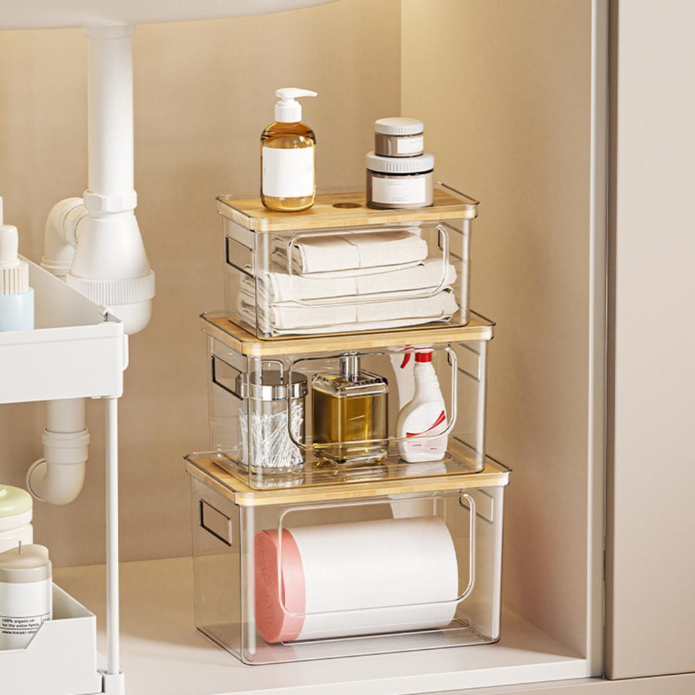 Stackable Pantry Bin - Çöp Torbası Düzenleyici, Bambu Kapaklı İstiflenebilir