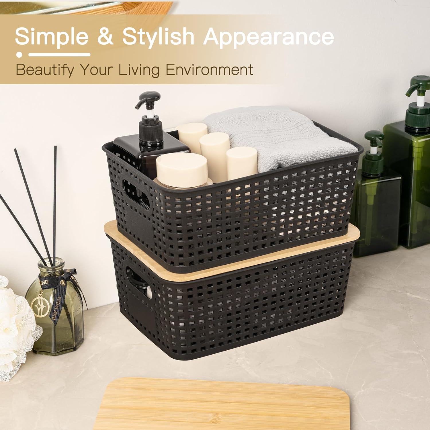 Stackable Pantry Bin - 1 adet bambu kapaklı plastik saklama