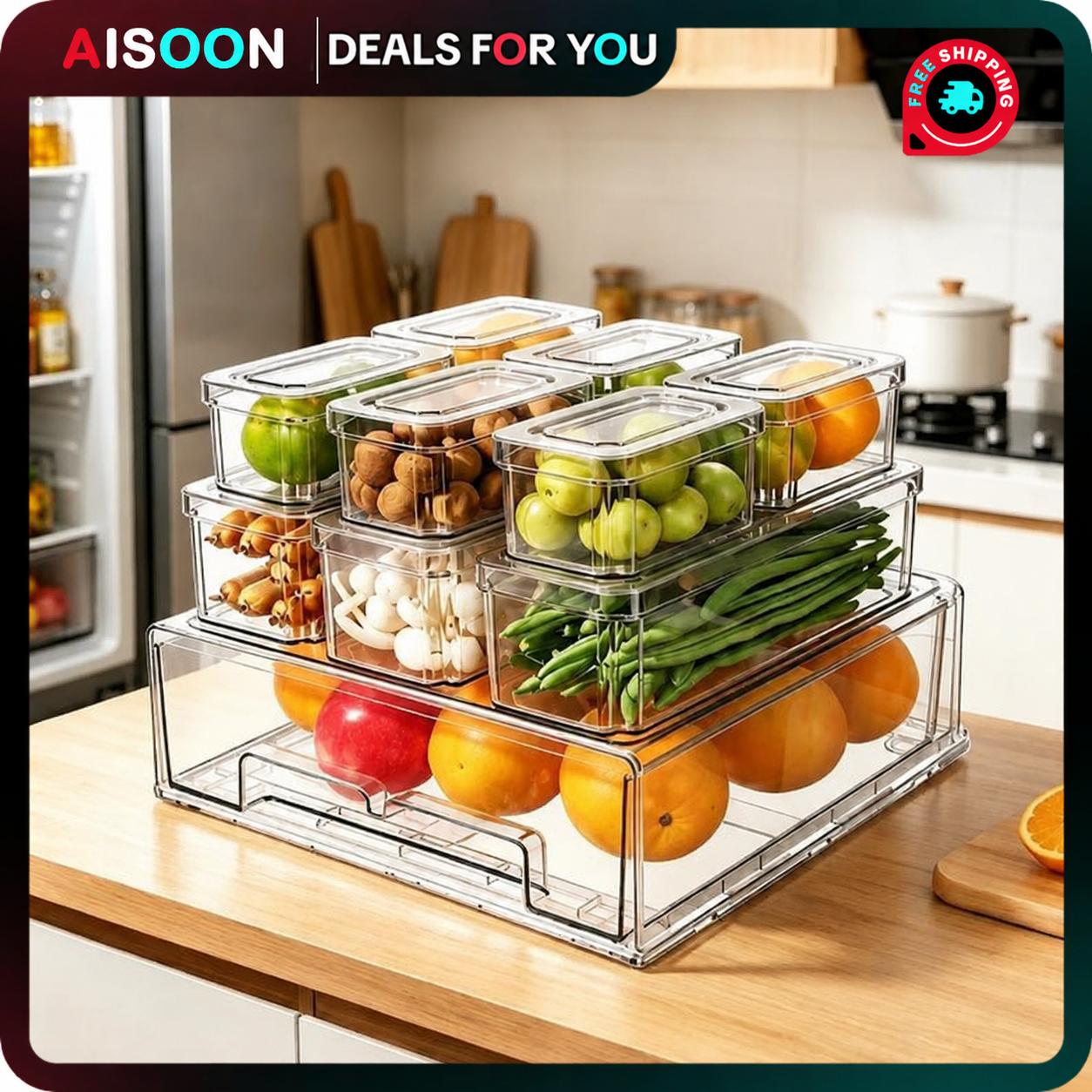Stackable Pantry Bin - 10/14 Parça Buzdolabı Düzenleyici Kutuları, Kapaklı