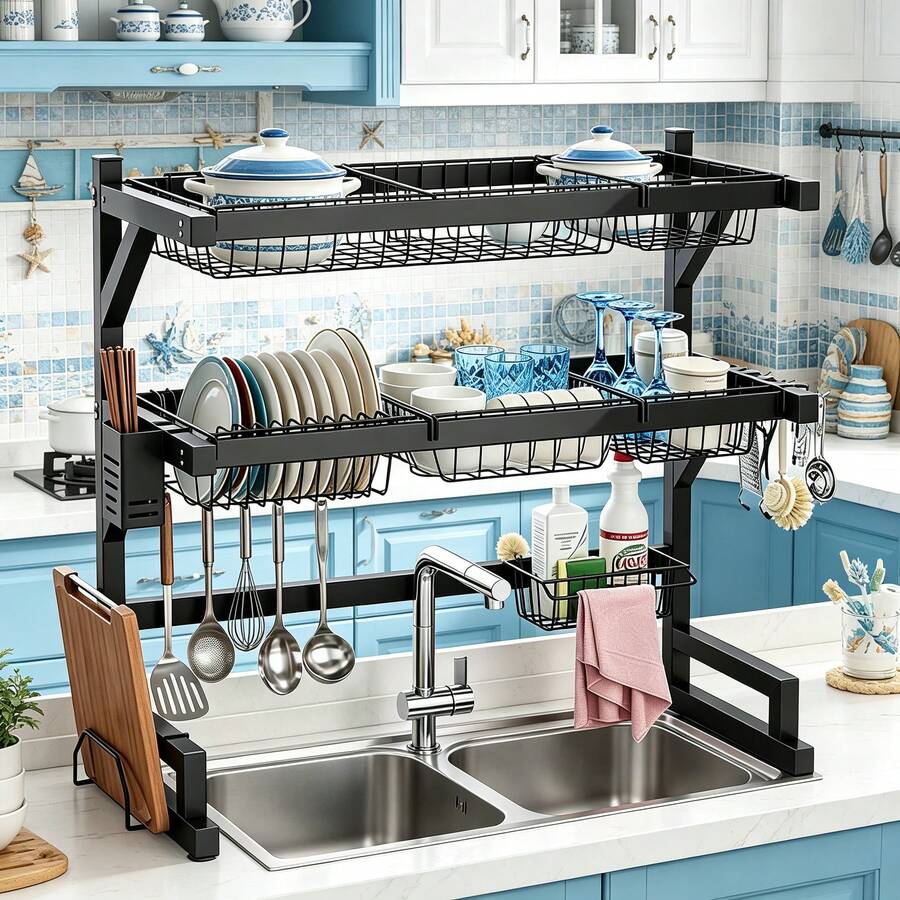 Food Storage Rack - 2 Katlı Mutfak Lavabo Üstü Bulaşıklık,